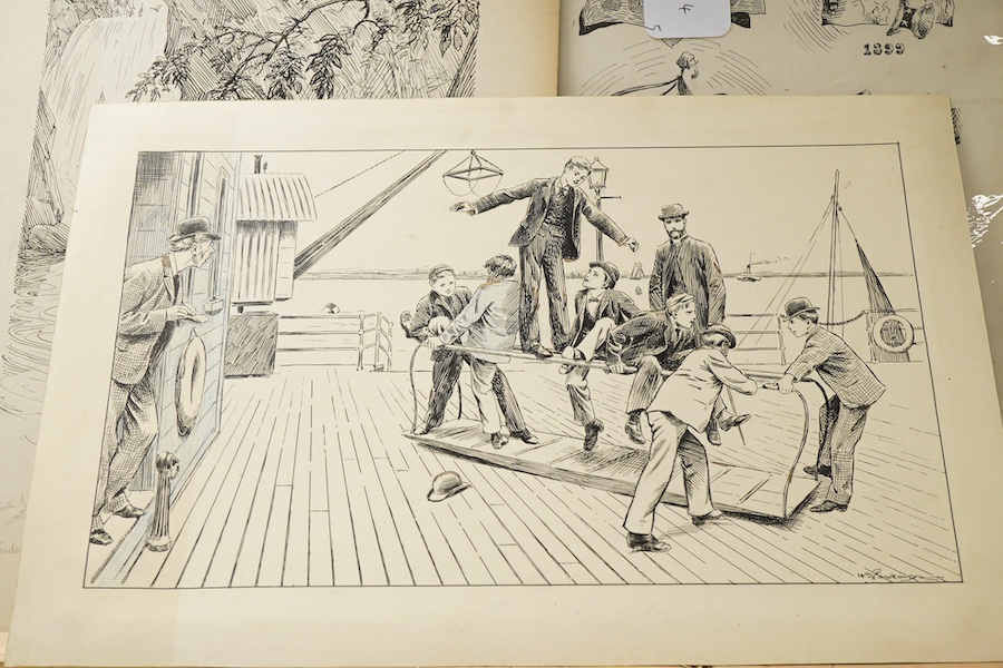 Five late 19th / early 20th century pen, ink and pencil sketches, to include, William Parkinson, figures on a boat deck and two examples by Percy Hutton Fearon (AKA. Poy, 1874-1948), cartoons to include 'The Bridge Build